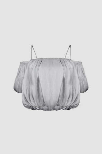 Dark Grey Off-the-Shoulder Ruched PuffBall Crop Top