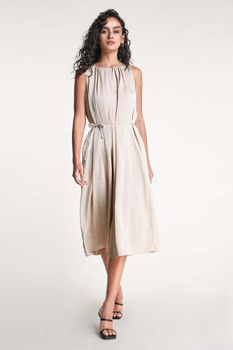 Tan Satin Sleeveless Pleated Midi Dress