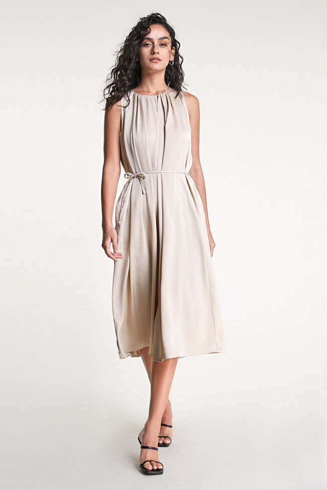 Tan Satin Sleeveless Pleated Midi Dress