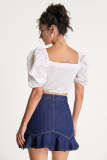 White Puff Sleeve Ruched Crop Top