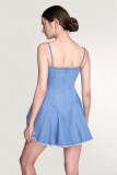 Medium Blue Wash Lace-Up Frayed Hem Mini Dress
