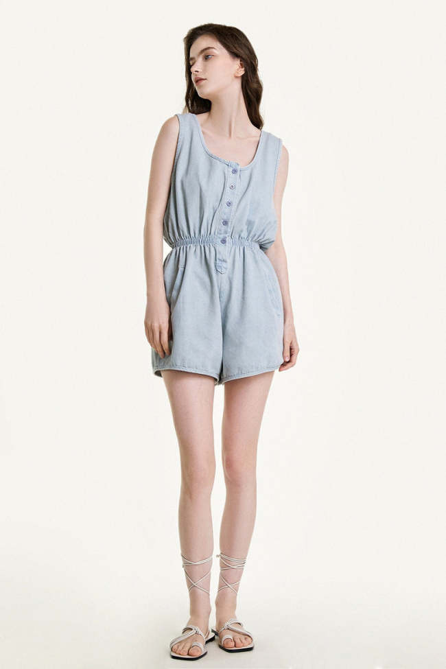 Light Blue Sleeveless Elastic Waist Button Front Denim Romper