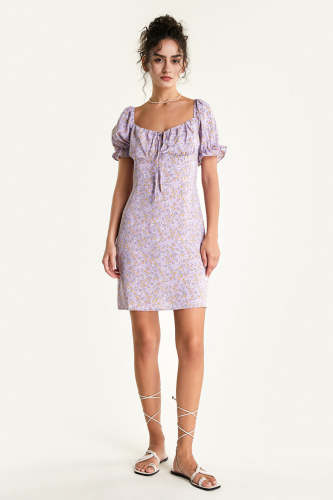 Plum Floral Print Tie Bust Puff Sleeve Mini Dress