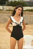 Black Color Block Ruffled One Piece Swimsuit