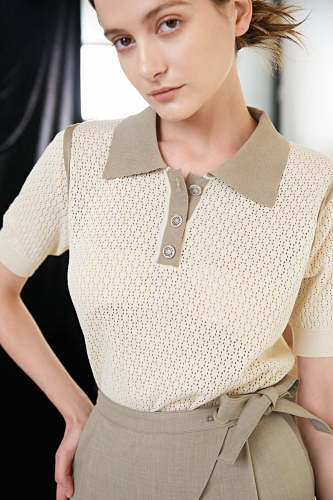 Ivory Polo Collar Pointelle Knit Top