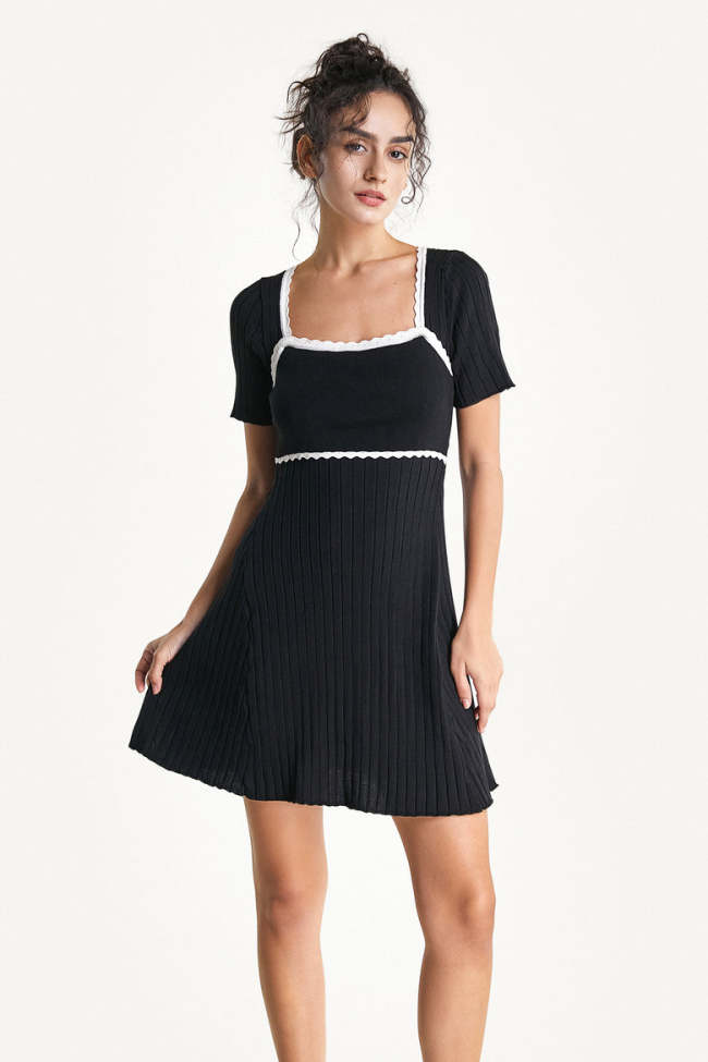 Black Square Neck Contrast Trim Knitted Mini Dress