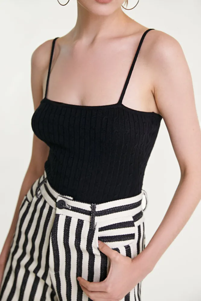 Black Cable Knit Spaghetti Strap Bodysuit
