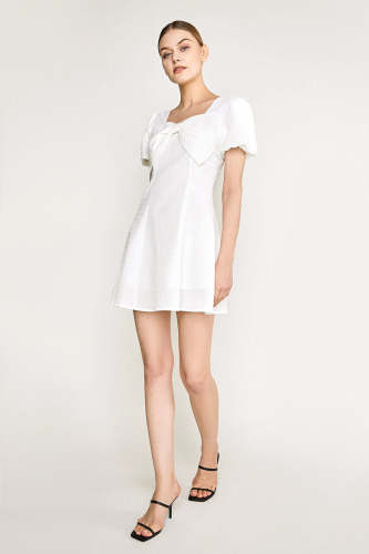 White Textured Bow Detail Puff Sleeve Mini Dress