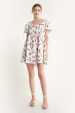 White Textured Cherry Print Puff Sleeve Mini Dress