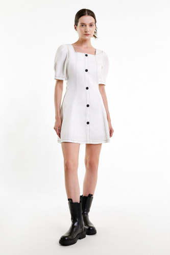 Flash Sale                White Contrast Stitch Button Front Mini Dress