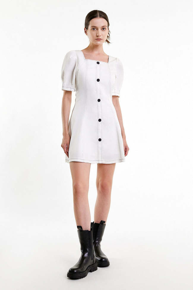 Flash Sale                White Contrast Stitch Button Front Mini Dress
