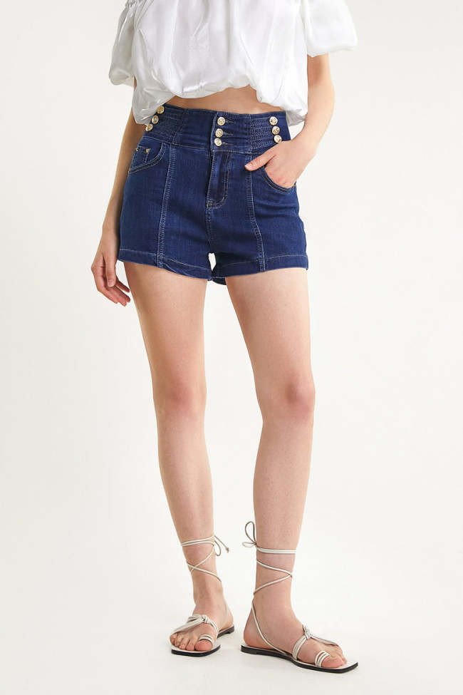 Dark Blue High-Waisted Buttoned Tab Detail Denim Shorts