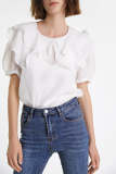 Flash Sale                White Flounce-Collared Short Sleeve Blouse