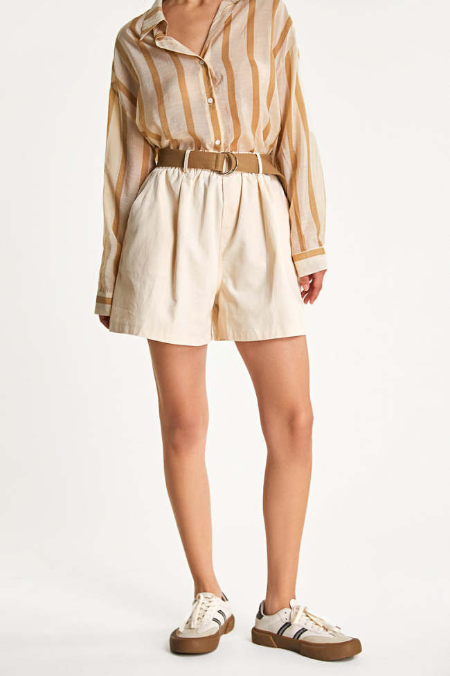 Tan Belted Elastic Waist Wide Leg Shorts