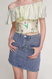 Light Yellow Tulip Print Off-the-Shoulder Ruffle Cropped Blouse