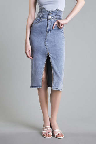 Medium Blue Wash High Rise Front-Slit Midi Denim Skirt