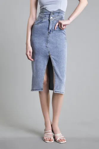 Medium Blue Wash High Rise Front-Slit Midi Denim Skirt