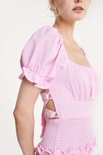 Pink Smocked Ruffled Lace-Up Bodycon Mini Dress