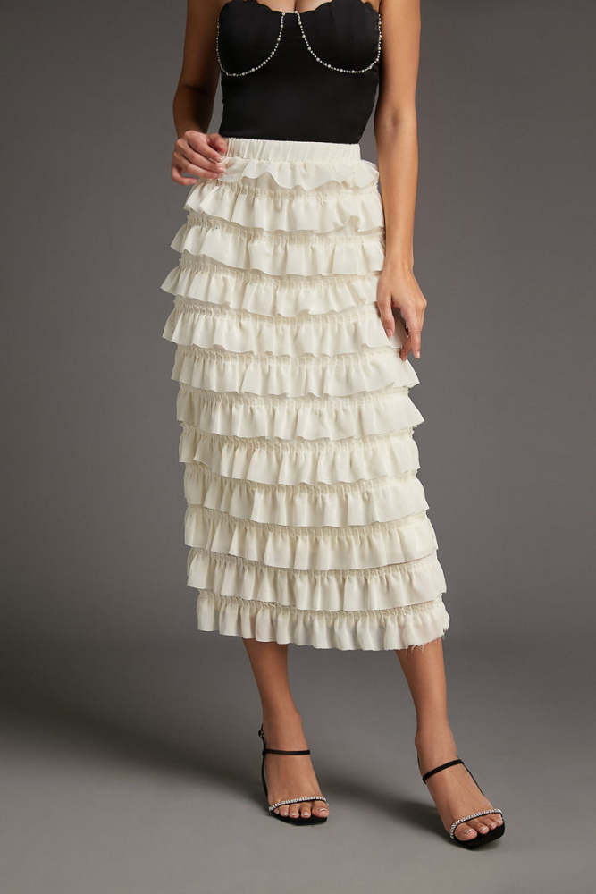 Beige Ruffled Tiered Elastic Waist Skirt