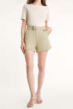 Beige High Rise Suit Shorts With Buckle