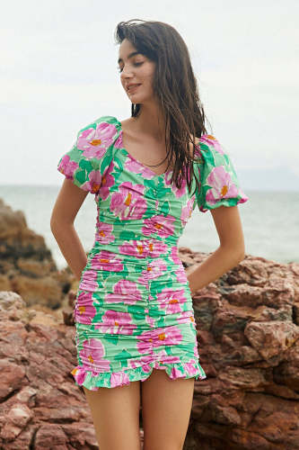 Green Floral Print Ruched Puff Sleeve Ruffled Hem Bodycon Mini Dress
