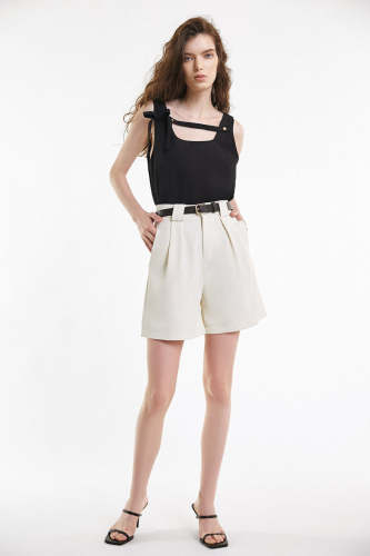 White Belted Pleat Detail Longline Shorts