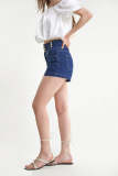 Dark Blue High-Waisted Buttoned Tab Detail Denim Shorts