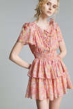 Pink Floral Print Pleat Detail Smocked Tiered Mini Dress