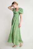 Dark Sea Green Floral Print Square Neck Tie Detail Slit Hem Maxi Dress