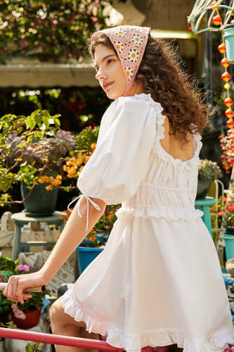 White Ruffled Smocked Square Neck Puff Sleeve Mini Dress