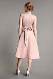Pink Halterneck Tie Waist Keyhole Midi Dress