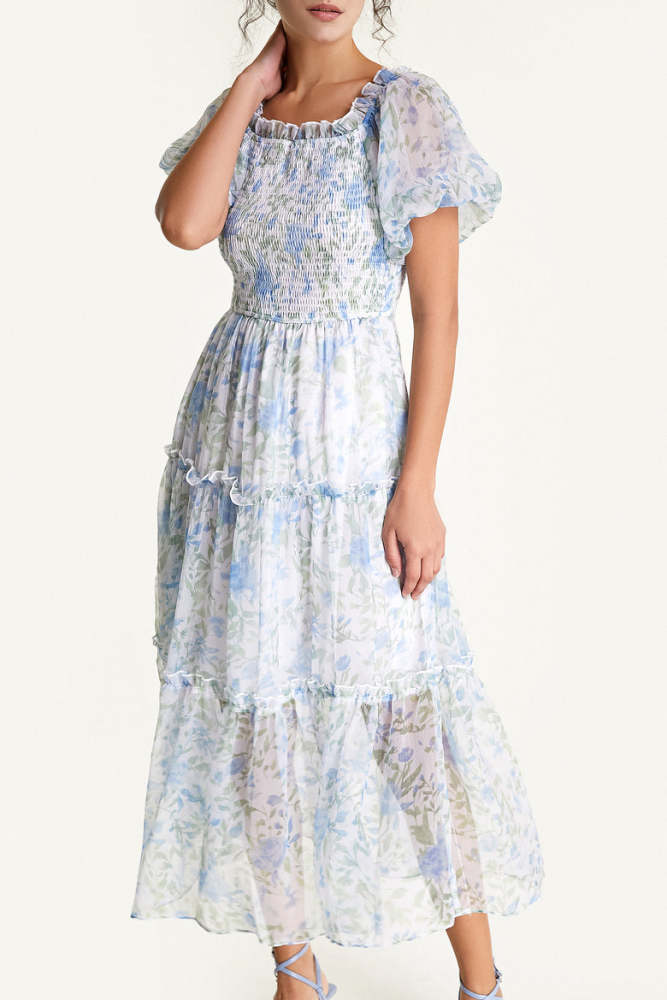 Light Sky Blue Floral Print Square Neck Puff Sleeve Maxi Dress