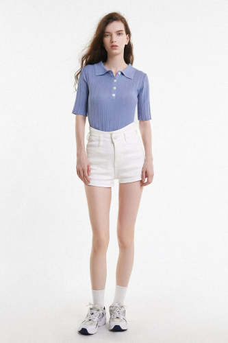 Royal Blue Short Sleeve Knitted Polo Button Top