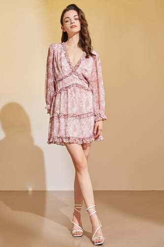 Light Pink Chiffon V-Neck Floral Print Mini Dress