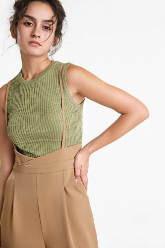 Olive Round Neck Rib-Knit Long Vest