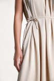 Tan Satin Sleeveless Pleated Midi Dress