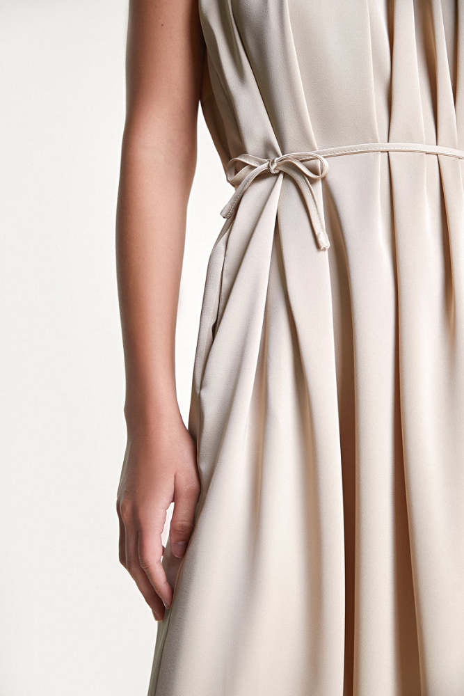 Tan Satin Sleeveless Pleated Midi Dress