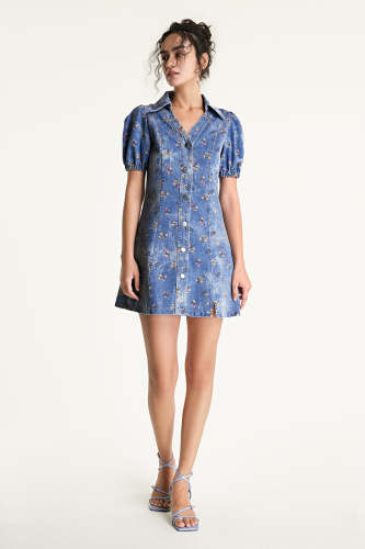 Royal Blue Floral Print Button Front Collared Denim Mini Dress