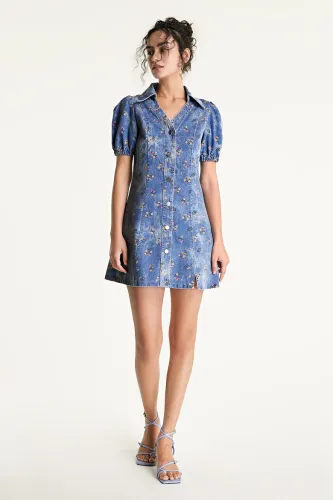 Royal Blue Floral Print Button Front Collared Denim Mini Dress