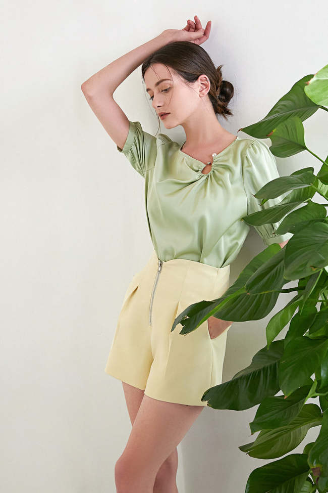 Dark Sea Green Satin Asymmetric Cut Out Blouse