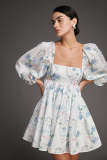 White Floral Print Puff Sleeve Square Neck Babydoll Mini Dress