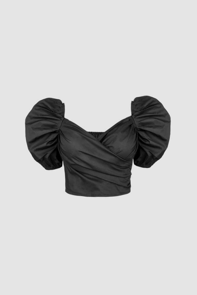 Black Puff Sleeve Ruched Crop Top