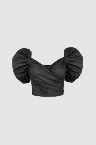 Black Puff Sleeve Ruched Crop Top