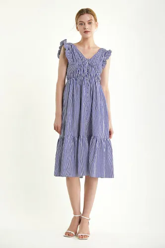 Dark Blue Sleeveless Striped Ruffled Midi Dress