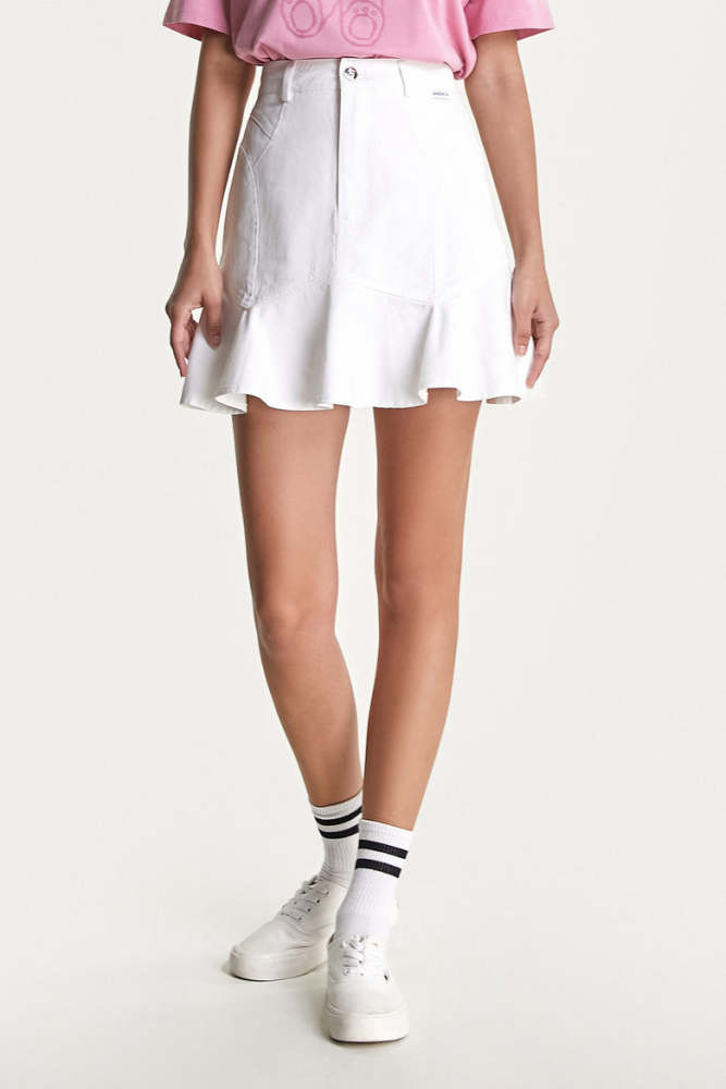 White High Rise Frill Hem Mini Denim Skirt