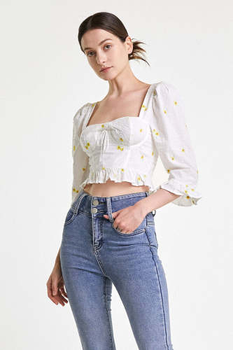 White Floral Embroidery Bustier Ruffled Cropped Blouse