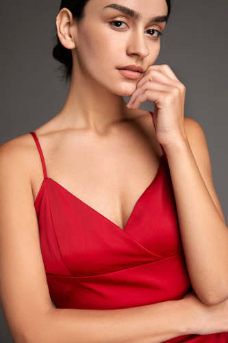 Crimson Satin Ruffled High-Low Maxi Dress