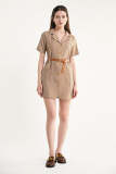 Tan Belted Button-Up Pocket Detail Blazer Dress