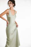 Dark Sea Green Satin Ruched Strap V-Neck Midaxi Dress
