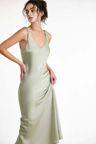 Dark Sea Green Satin Ruched Strap V-Neck Midaxi Dress